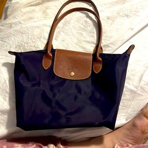 LONGCHAMP medium size le piliage tote bag in royal purple w/Leather trim.